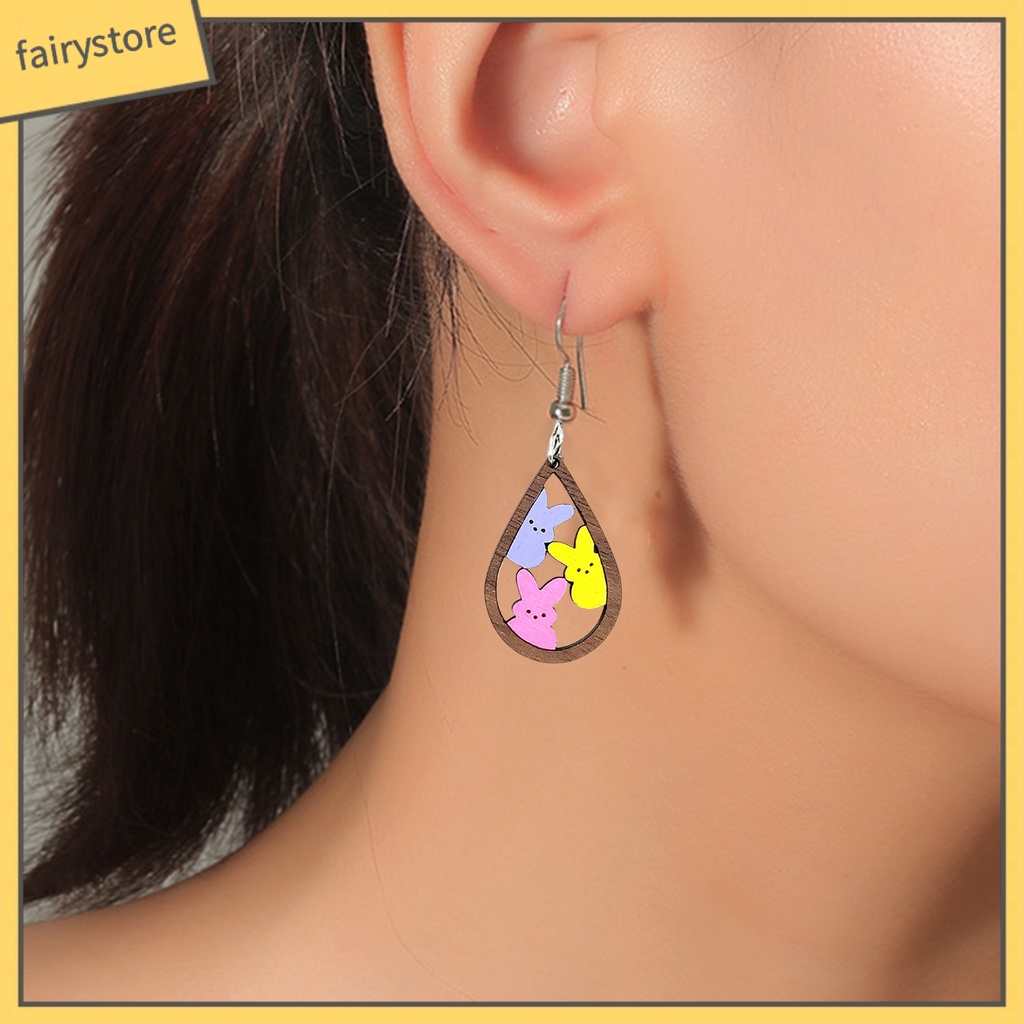 1 Đôi Bông Tai Hình Giọt Nước Họa Tiết Thỏ Bằng Gỗ Thời Trang