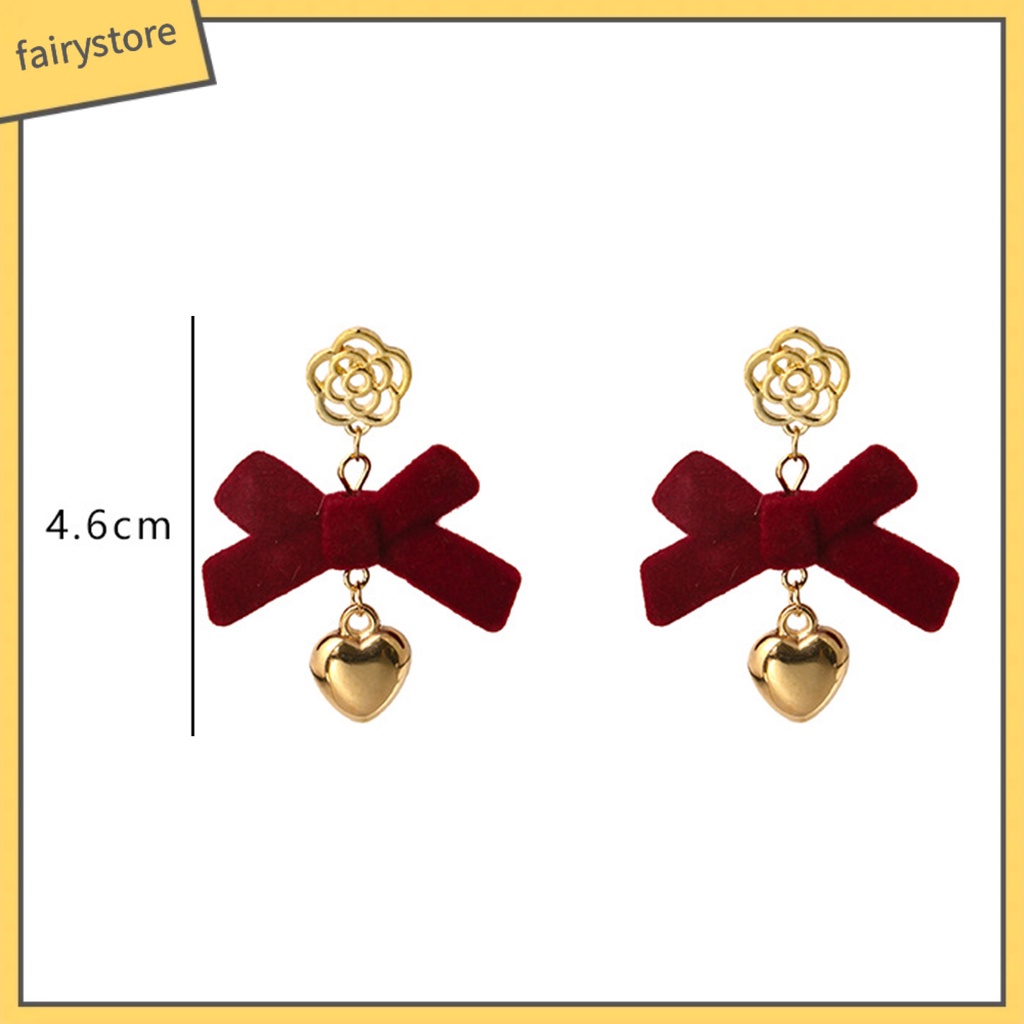 1 Đôi Bông Tai Dáng Dài Hình Nơ / Hoa / Trái Tim Màu Đỏ Chống Rơi Thời Trang Cho Nữ