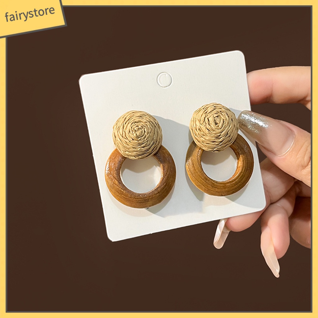[FRO] 1 Đôi Bông Tai Xỏ Lỗ Bằng Gỗ Rơm Đan Kiểu Retro Mộc Mạc Đơn Giản Cho Nữ