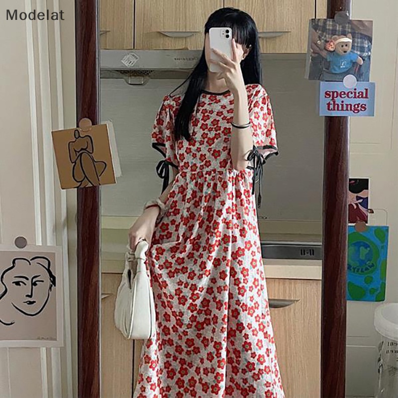 Đầm Dài Cổ Tròn Tay Ngắn In Họa Tiết Hoa Thời Trang Mùa Hè Cho Nữ