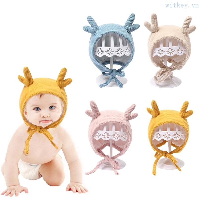Mũ Beanie Màu Trơn Giữ Ấm Tai Hình Tuần Lộc Dễ Thương Thời Trang Thu Đông Cho Bé Sơ Sinh