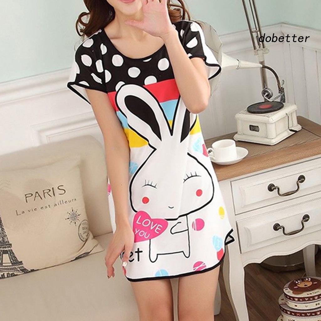 Đầm Ngủ Cotton Pha Thoáng Khí In Họa Tiết Thỏ Hoạt Hình [DO] Cho Nữ