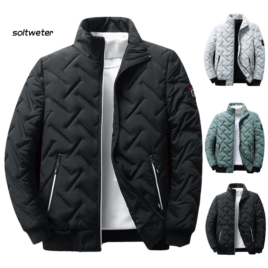 Áo Khoác Phao Cổ Đứng Lót Cotton Màu Trơn Chống Lạnh Phối Túi Cỡ Lớn Thời Trang Đường Phố Cho Nam