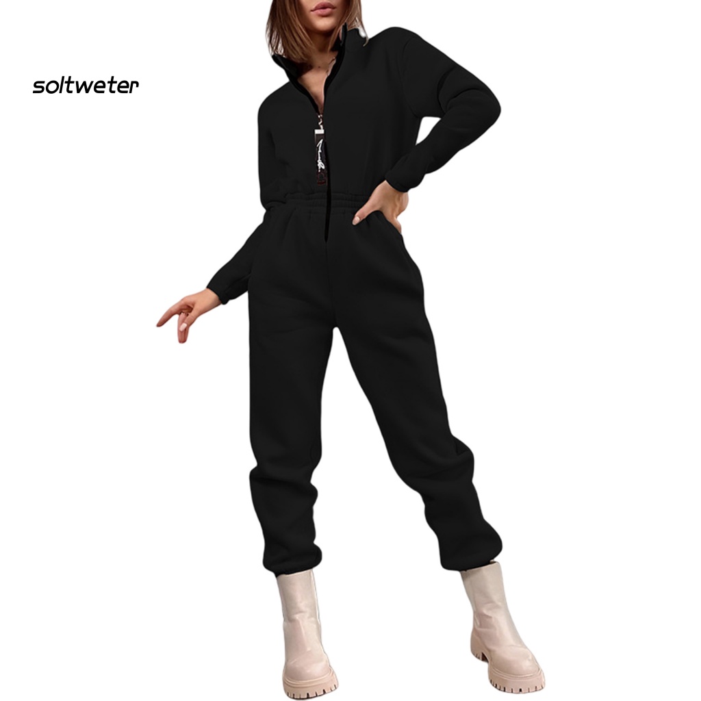 Bộ Áo Liền Quần Thể Thao Tay Dài Cổ Đứng Eo Cao Co Giãn Màu Trơn Thời Trang Thu Đông Cho Nữ