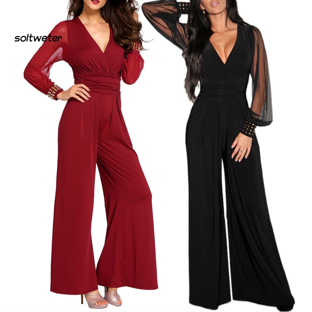 Áo liền quần Cổ Chữ V Phối Lưới Đính Đinh Tán Quyến Rũ Thời Trang Cho Nữ