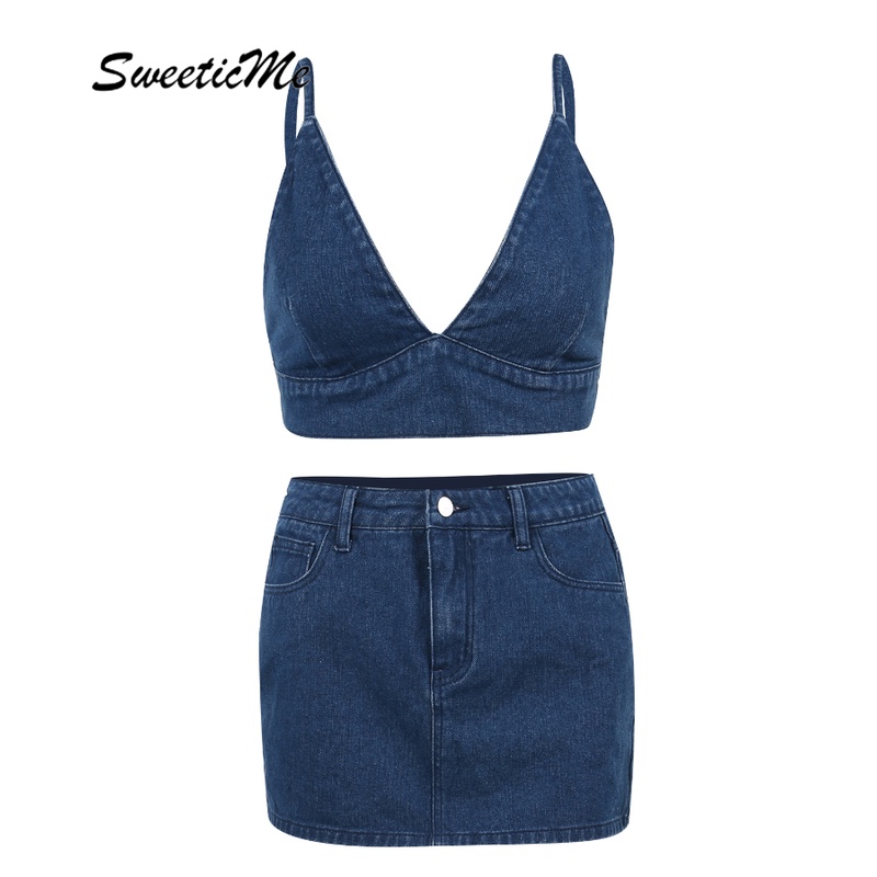Set Áo Cổ Chữ V Không Tay + Chân váy jean Ngắn Lưng Thấp Màu Trơn Thời Trang Mới 2023 Cho Nữ