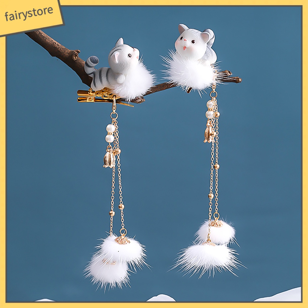 1 Cặp Kẹp Tóc Tua Rua Hình Mèo Dễ Thương Phong Cách Trung Hoa