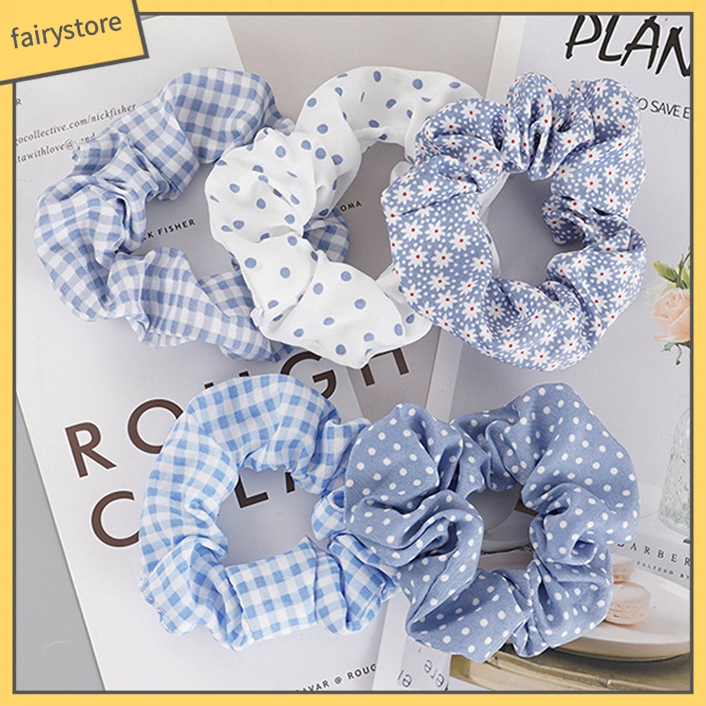 Dây CộT TóC HọA TiếT Caro / Hoa MàU Xanh Dương Xinh XắN