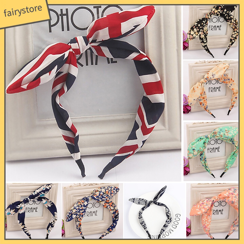 Băng Đô Cài Tóc Đính Nơ Tai Thỏ Họa Tiết Hoa Thời Trang Cho Nữ