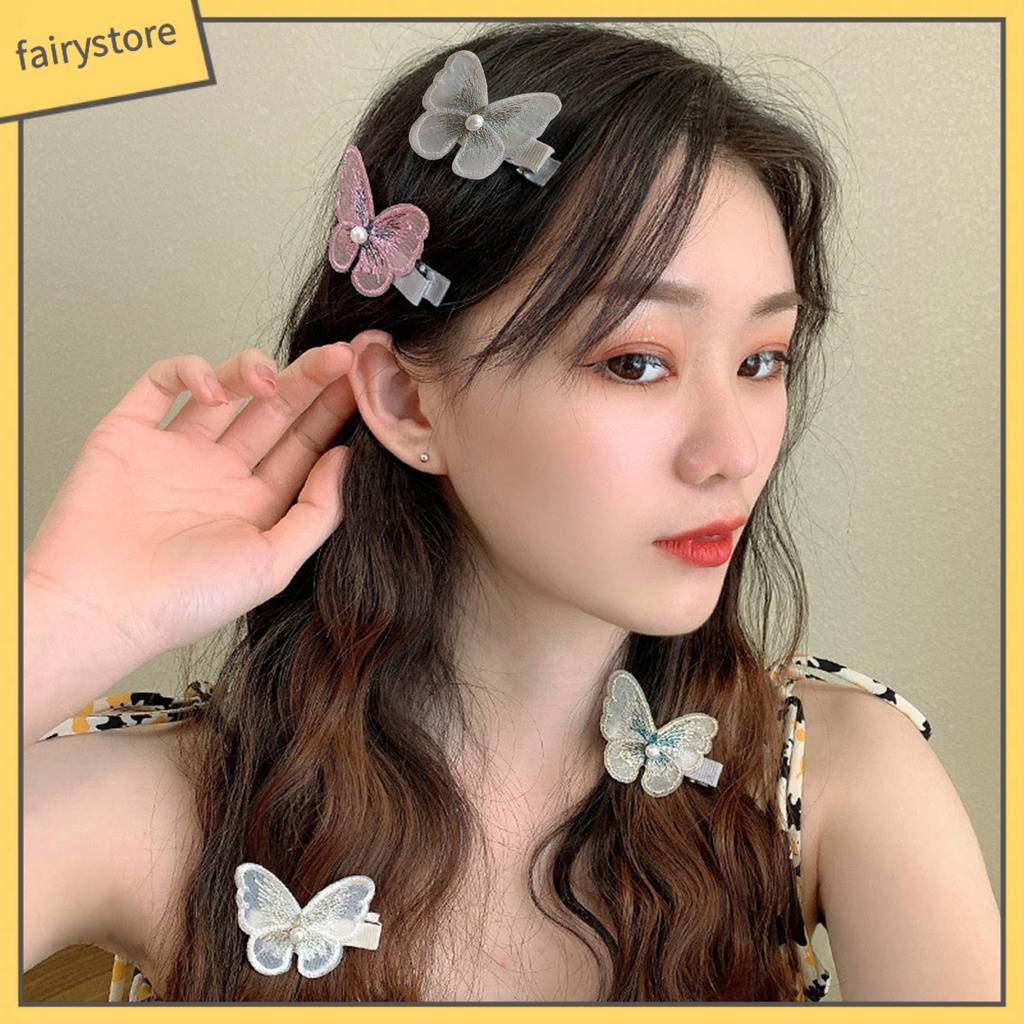 Set 10 Kẹp Tóc Vải Ren Thêu Hình Bướm 3D Ngọt Ngào
