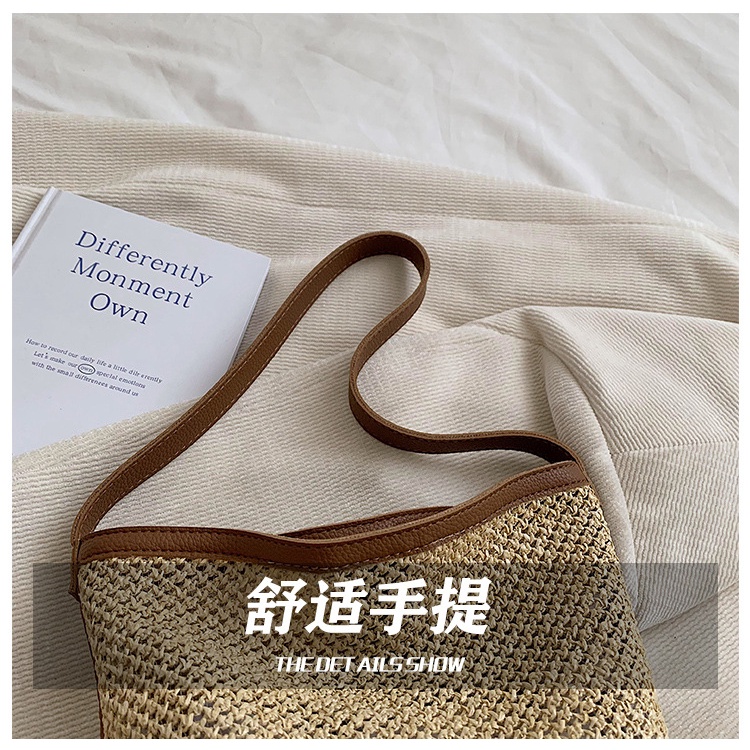 Túi Xách Đan Cói Sức Chứa Lớn Màu Sắc Tương Phản Phong Cách retro Mùa Hè Cho Nữ