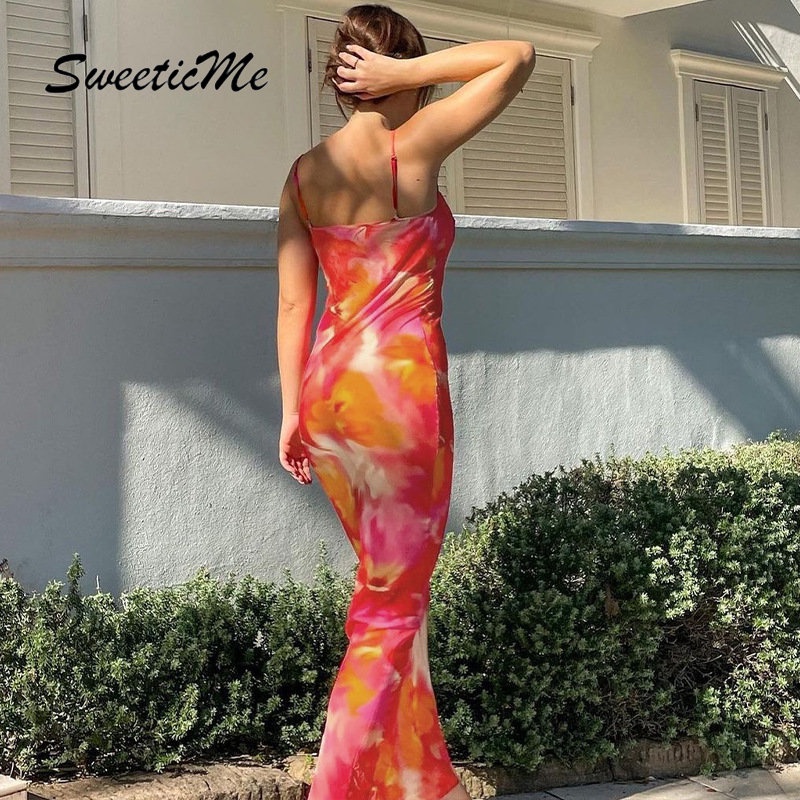 Đầm Dài Cổ Chữ U Hở Lưng Dáng Ôm In Họa Tiết Thời Trang 2023 Quyến Rũ Cho Nữ