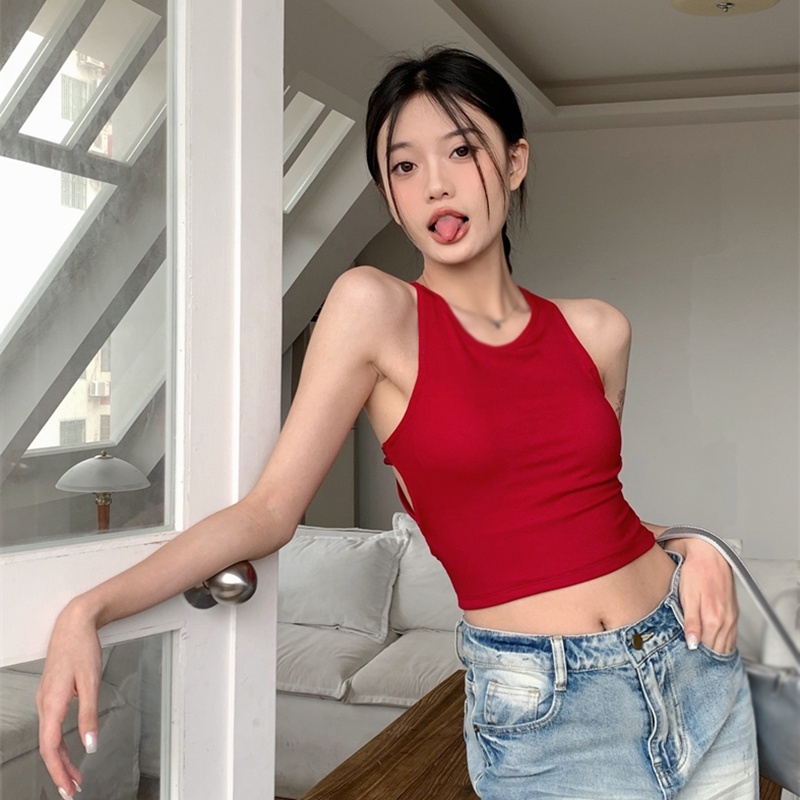 Áo Croptop Cotton Hai Dây Có Mút Đệm Ngực Hở Lưng Màu Trơn Phong Cách Mỹ Quyến Rũ Dành Cho Nữ