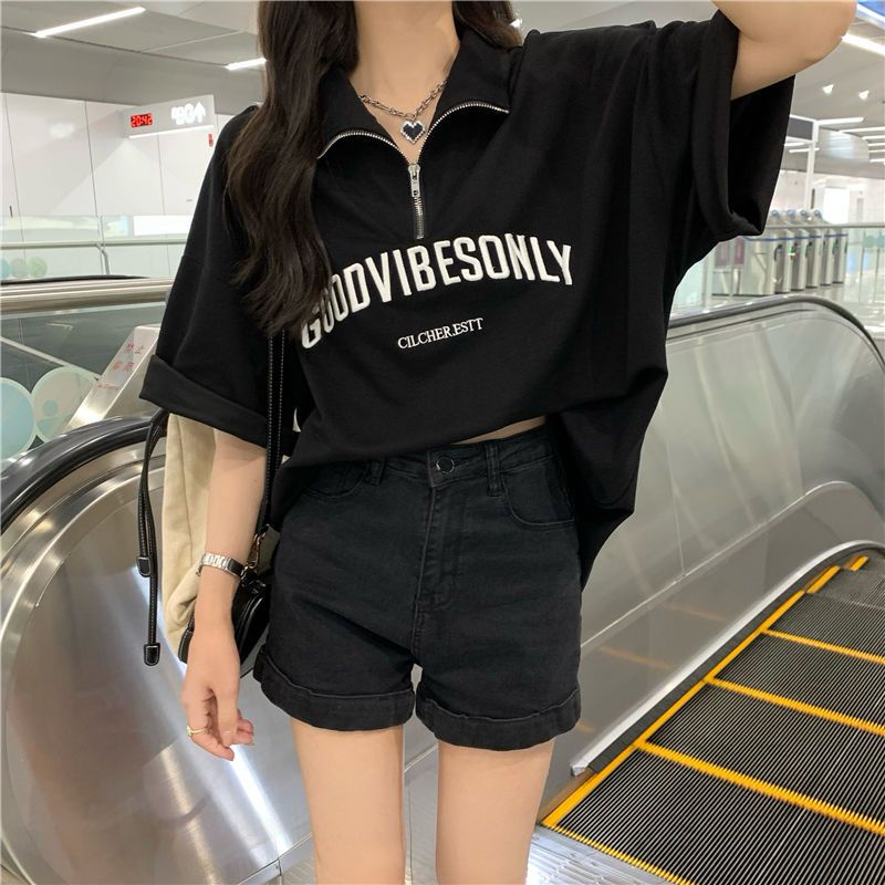 COZOK Áo polo Ngắn Tay Form Rộng In Chữ Thời Trang Hàn Quốc