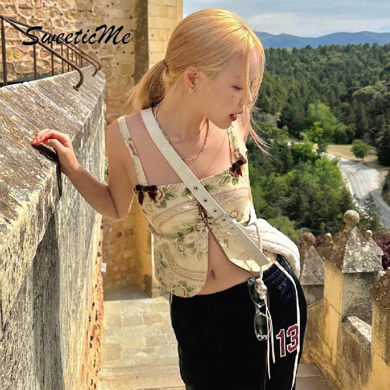 Áo Tank Top Dáng Ôm In Họa Tiết Đính Nơ Thời Trang 2023 Quyến Rũ Cho Nữ