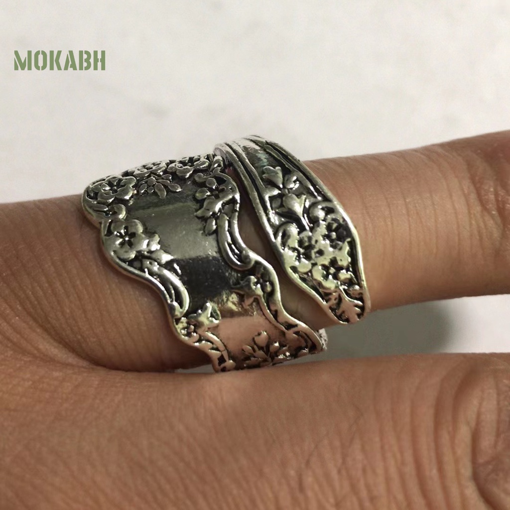 [Mok Abh] Nhẫn Dạng Mở Mạ Điện Họa Tiết Hình Học / Hoa Phong Cách Vintage Có Thể Điều Chỉnh