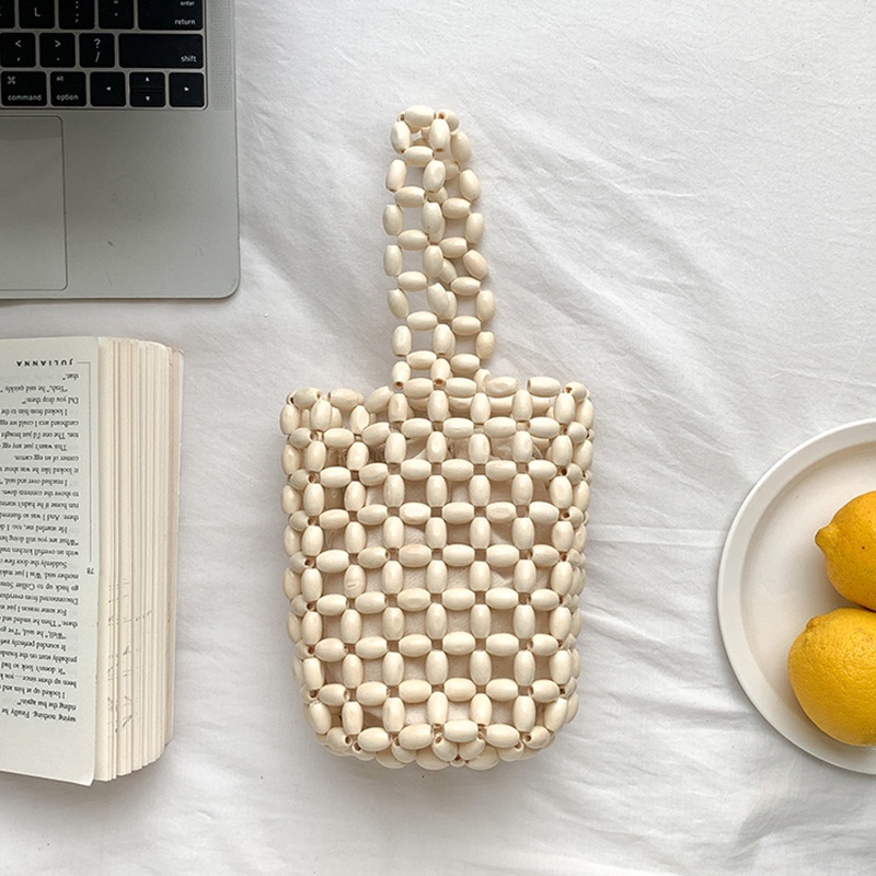 Ielgy Túi bucket Dây Rút Xỏ Hạt Gỗ Thủ Công Nhỏ Gọn Thời Trang niche Dành Cho Bạn Nữ