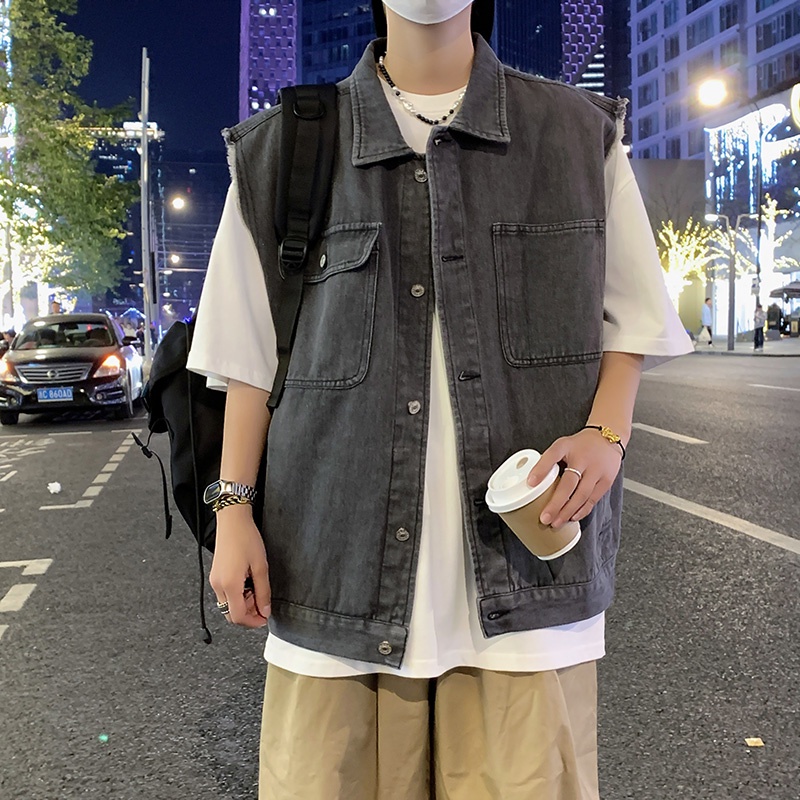 Áo Khoác Denim Sát Nách Phối Túi Phong Cách Retro Cho Nam