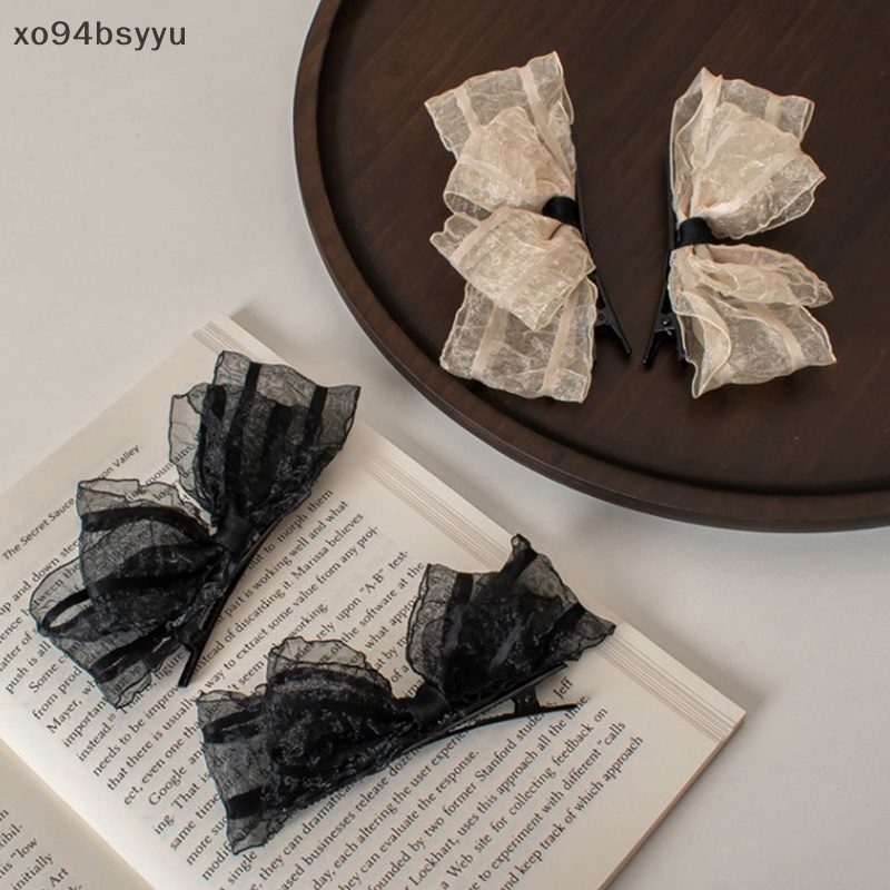 Set 2 Kẹp Tóc Xo94Bsyu Hình Nơ Phối Ren Màu Đen / Be Xinh Xắn Thời Trang Dự Tiệc Cho Bạn Gái