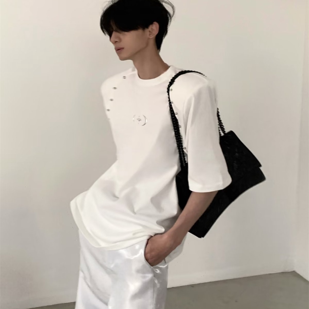 Áo Thun Cotton Tinh Khiết Tay Ngắn Thiết Kế Đường Viền Hạt Kim Loại Đơn Giản Dễ Phối Đồ Mùa Hè Nich