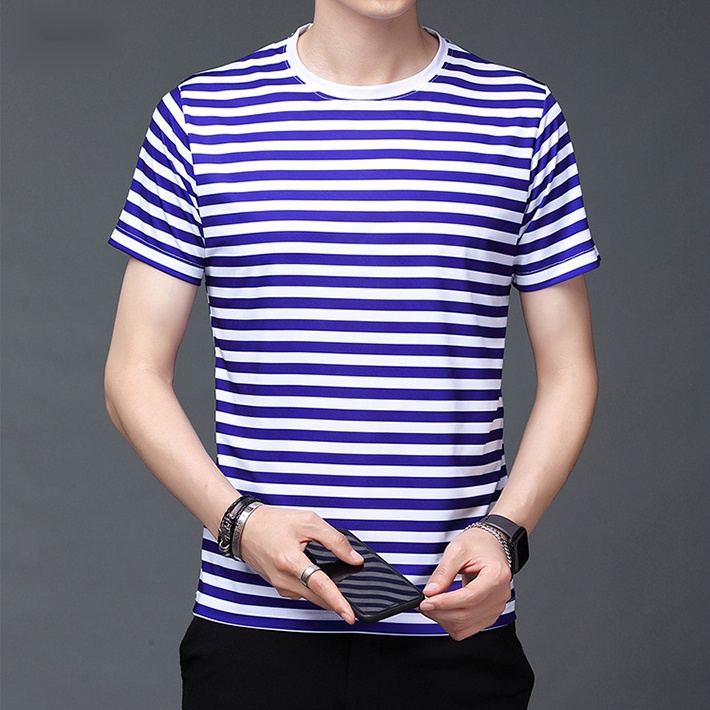 Áo Thun Tay Ngắn Cổ Tròn Kẻ Sọc Ngang Dáng Rộng Thời Trang Cho Nam