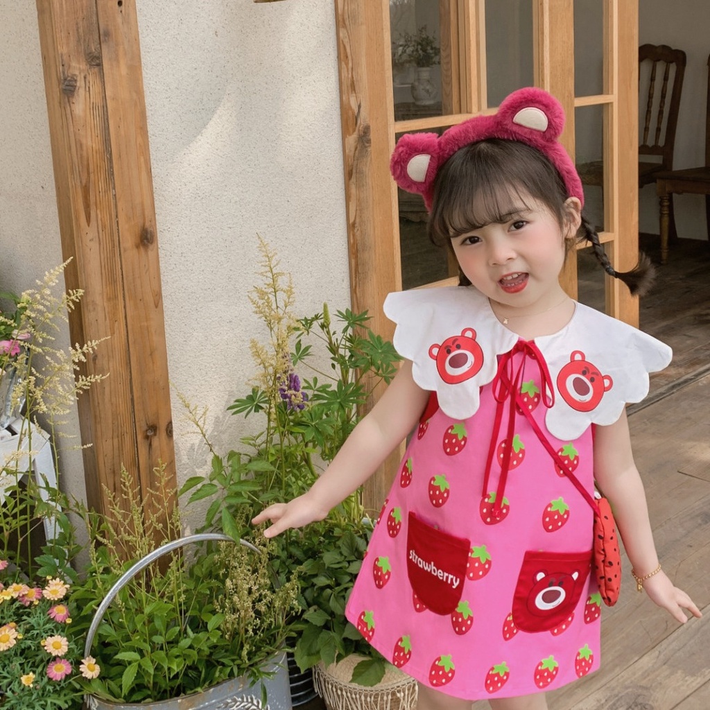 Đầm Sát Nách Cổ Bẻ In Họa Tiết Dâu Tây Hoạt Hình Dễ Thương Thời Trang Mùa Hè Cho Bé Gái