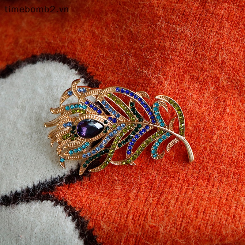 {Timebomb} Ghim Cài Áo Tráng Men Hình Lông Công Pha Lê Sâu Phụ Kiện Đám Cưới.