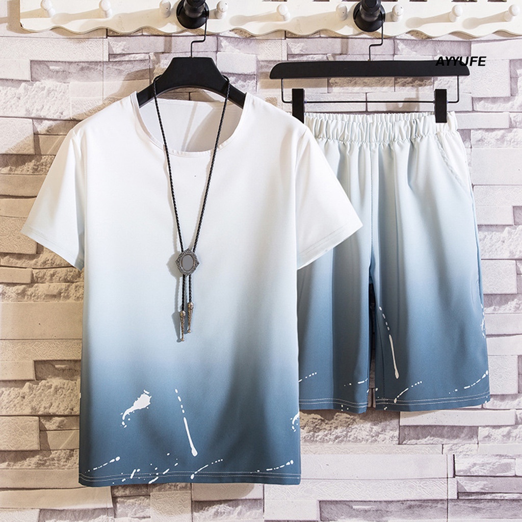 Set Đồ Thể Thao 2 Món Áo Thun Tay Ngắn Cổ Tròn Phối Quần Short Lưng Thun Màu Gradient Thời Trang Đường Phố