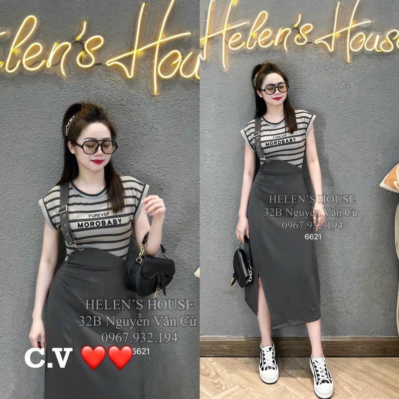 SET ÁO KẺ CHỮ CHÂN VÁY XANH RÊU DÂY ĐAI lương su shop