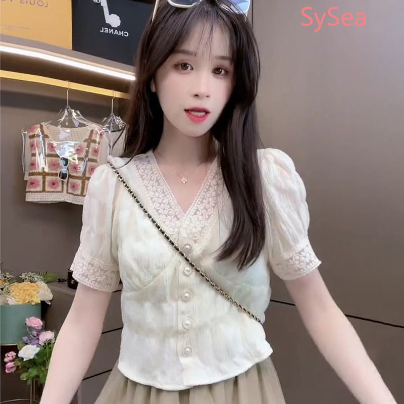 Áo Kiểu Tay Phồng Cổ Chữ V Phối Ren Phong Cách Retro Pháp