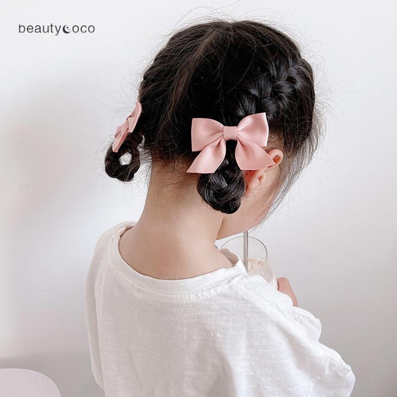 Beautycoco🍊Set 2 Kẹp Tóc Nơ Màu Trơn Dễ Thương Cho Bé Gái