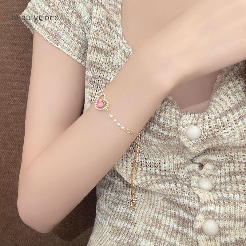 Beautycoco🍊Vòng đeo tay Ngọc Trai Hình Trái Tim Phong Cách Mới 2023,Vòng Tay Hình quả đào Đính Ngọc Trai