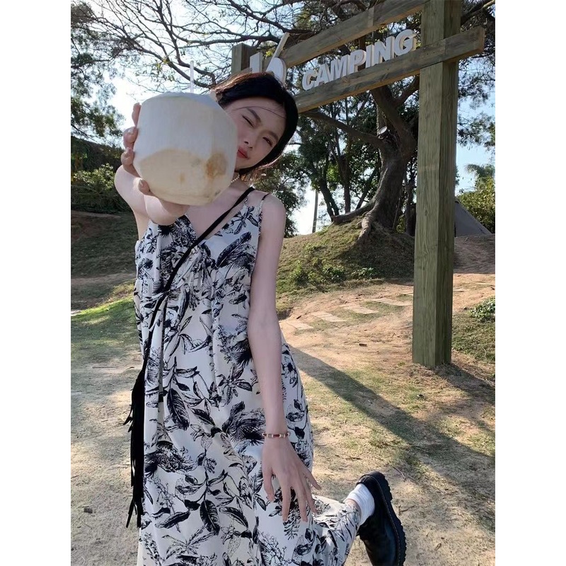 Đầm Dài Hai Dây Dáng Rộng Cổ Chữ V In Họa Tiết Hoa Thời Trang Mùa Hè Xinh Xắn Cho Nữ