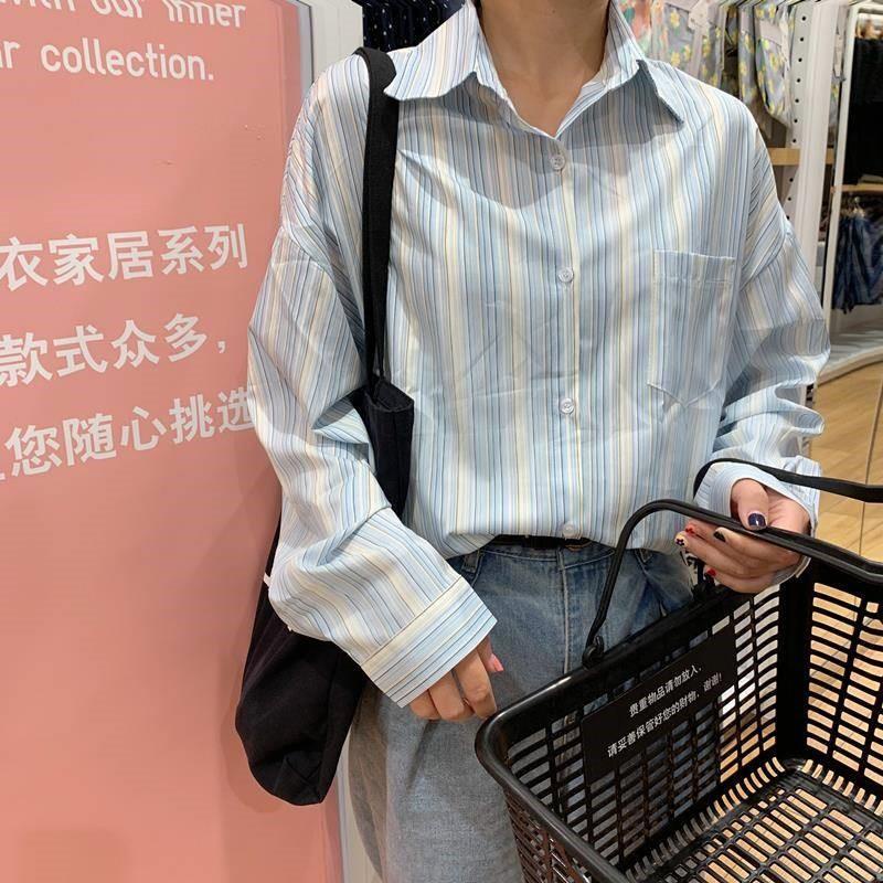 Áo Sơ Mi Mỏng Dáng Rộng Họa Tiết Kẻ Sọc Dọc Màu Xanh Dương Trắng Phong Cách Hàn Quốc Mới