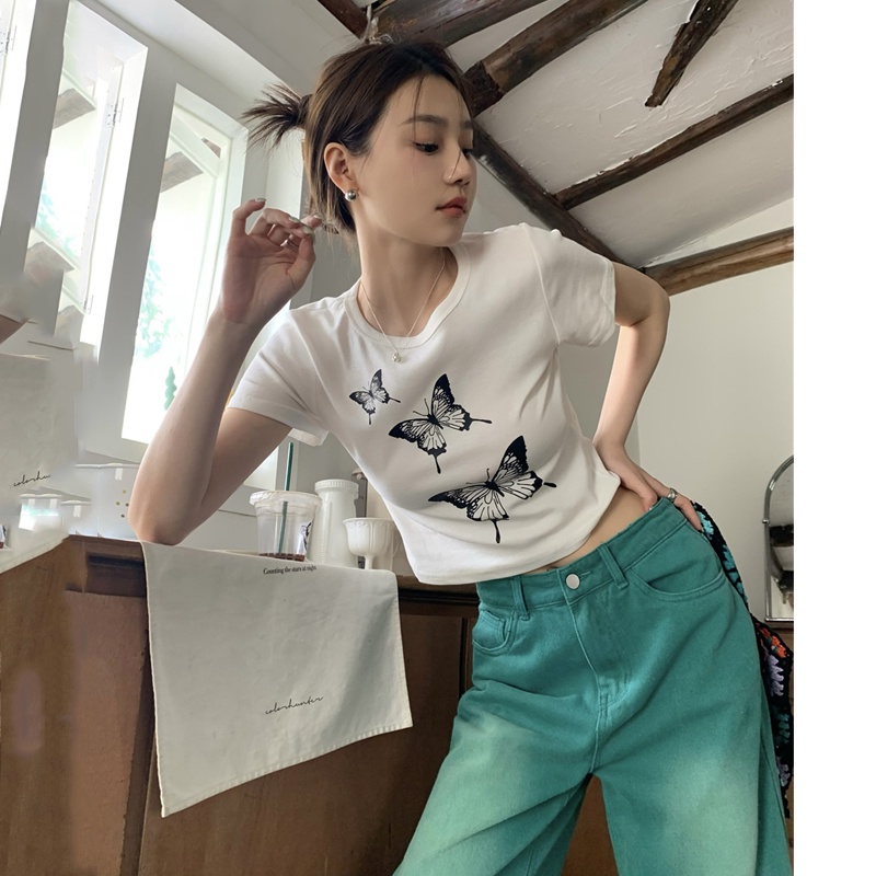 Áo Croptop Dệt Kim Tay Ngắn In Họa Tiết Quyến Rũ Phong Cách Hàn Quốc Cho Nữ