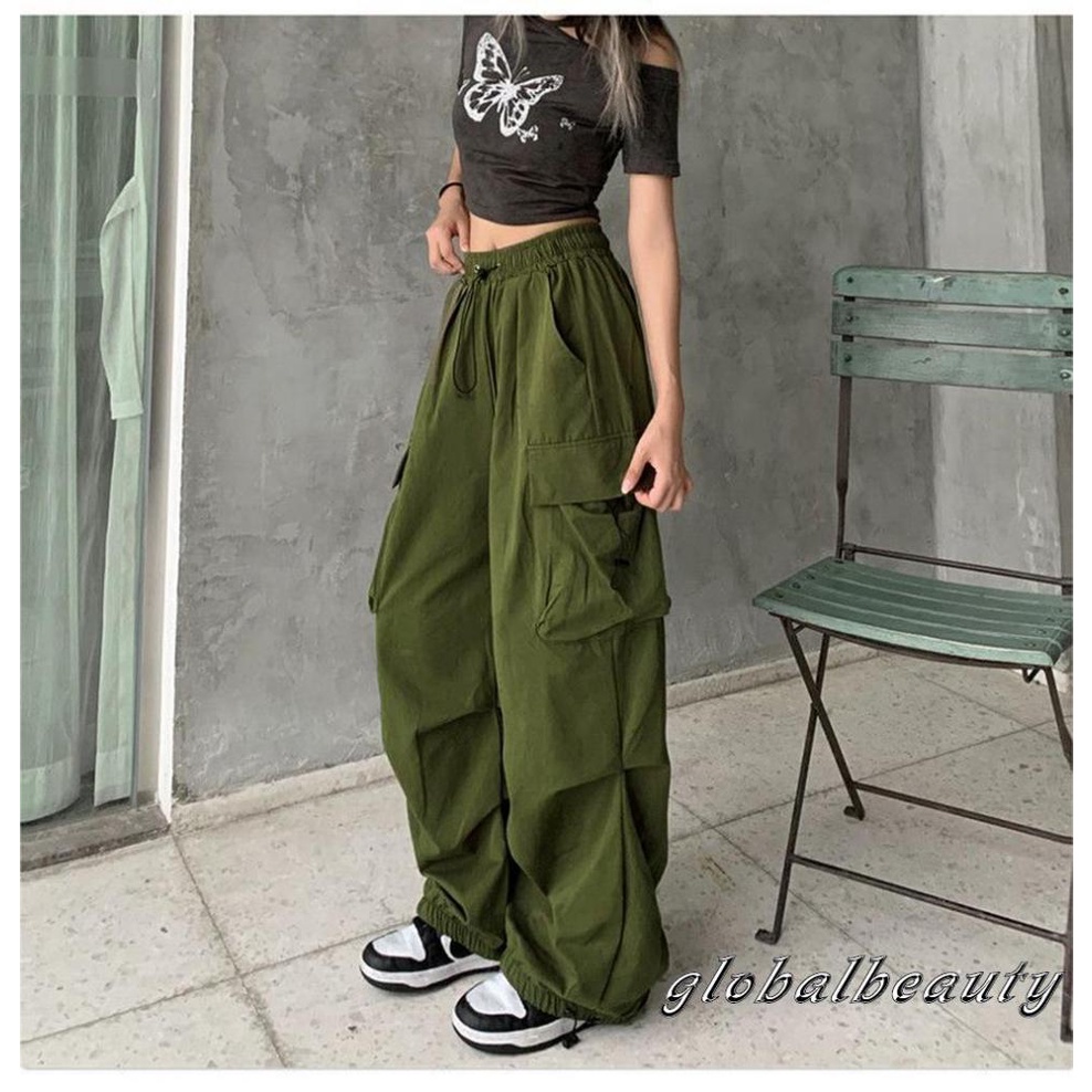 Quần Dài Dáng Rộng Màu Trơn Lưng Thun Phối Túi Thời Trang Đường Phố Cho Nữ
