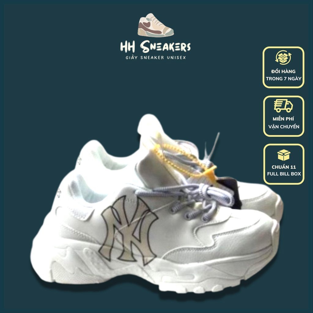Giày thể thao MLB NY trắng chữ vàng hàng đế tách chuẩn 11 cao cấp, Giày sneaker nam nữ độn đế tăng chiều cao Full Box