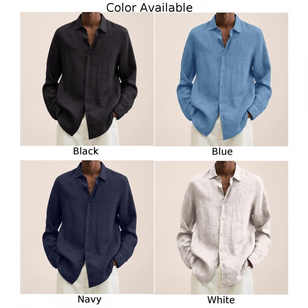 Áo Sơ Mi Cotton Lanh Dài Tay Dáng Rộng Màu Trơn Cài Nút Thời Trang Cho Nam