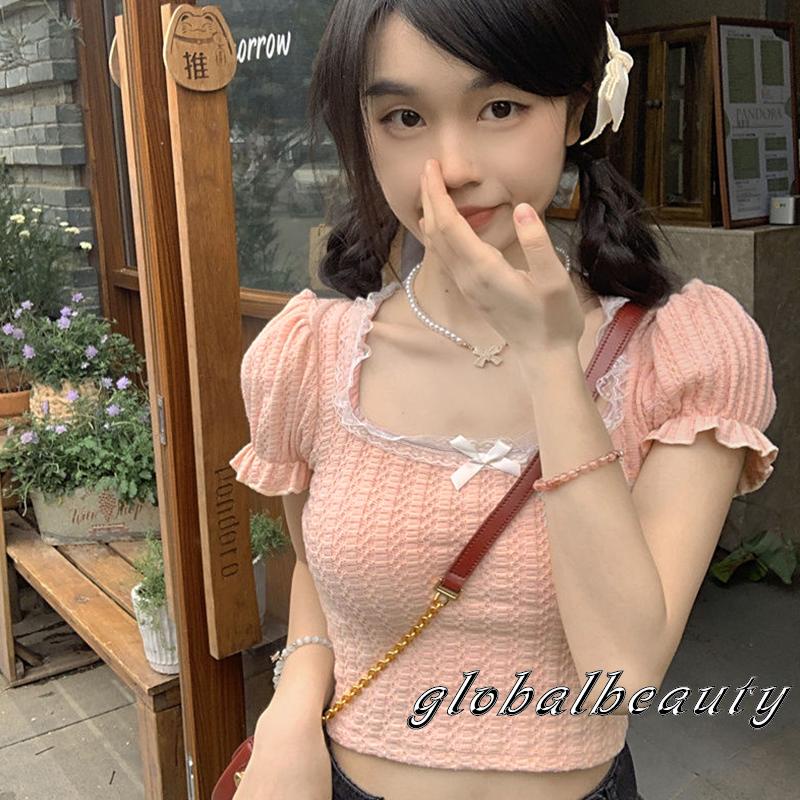 Áo Croptop Cổ Vuông Tay Phồng Phối Ren Thời Trang Mùa Hè Cho Nữ