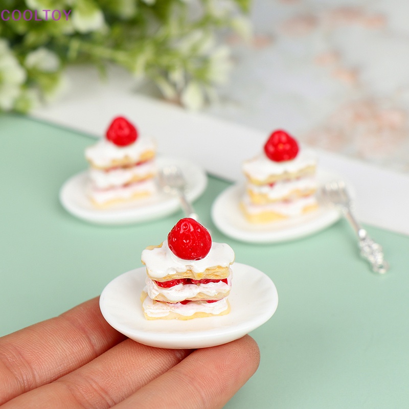 1 Set Mô Hình Đĩa Bánh Dâu Tây Tỉ Lệ 1: 12 Trang Trí Nhà Búp Bê