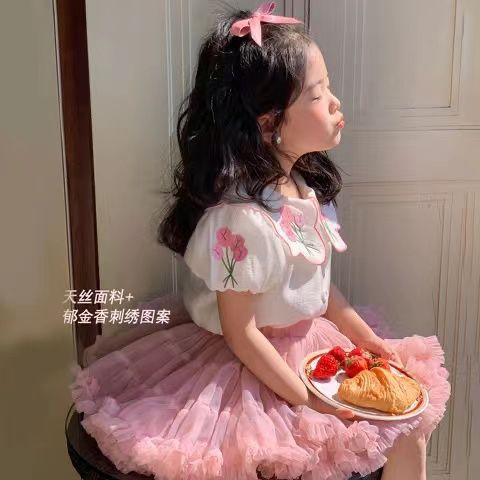 Áo Sơ Mi Trắng Cotton Tay Ngắn Thêu Hình Dành Cho Bé Gái Mùa Hè 2023 ，áo thun dài tay bé gái