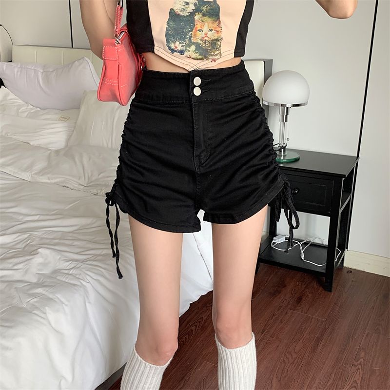 COZOK Quần Short denim Lưng Cao Phối Dây Rút Thời Trang Vintage