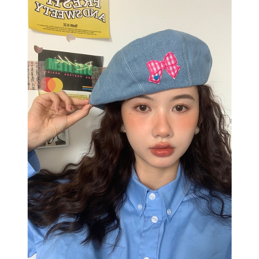 [Pink Bowknot] Mũ Nồi Denim Họa Sĩ Dễ Thương Ngọt Ngào Dễ Phối Đồ Cho Nữ