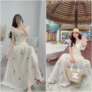 Đầm maxi hoa vintage nhúng bèo dáng dài xòe đẹp tựa nàng thơ (sẵn mút) - Shop Thanh Thủy