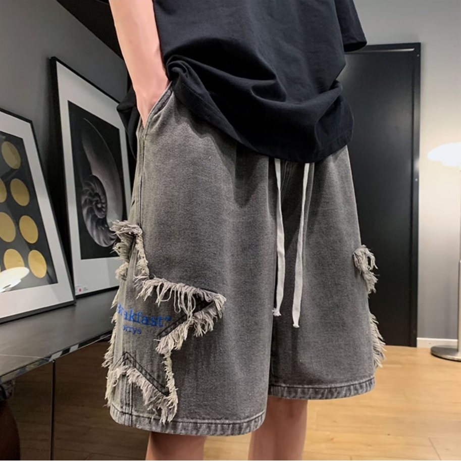 Quần Short denim Ống Rộng Phối Khóa Kéo Đơn Giản Phong Cách Đường Phố Mới Cho Nam