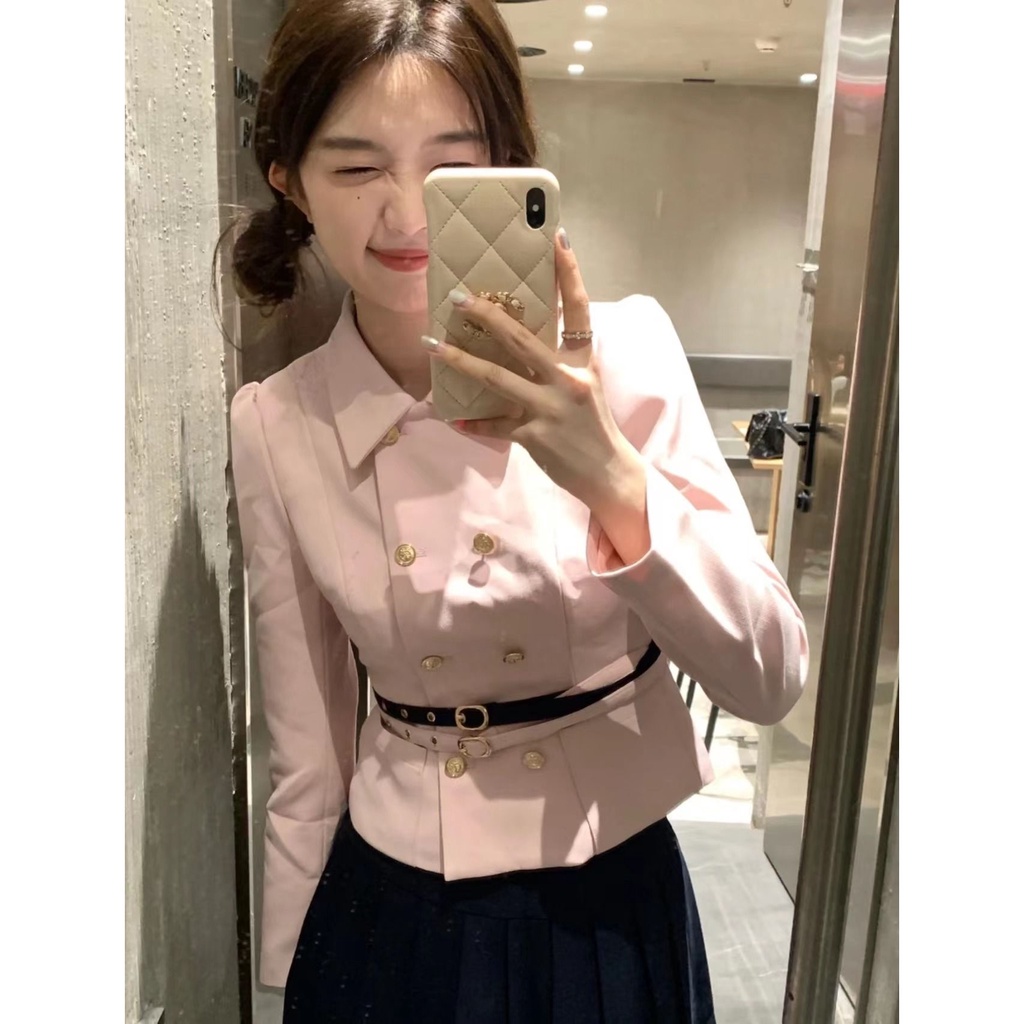 Bộ Áo Khoác Hai Hàng Nút Cài Eo Cao + Chân Váy Ngắn Màu Hồng Phong Cách Preppy Ngọt Ngào Dành Cho Nữ