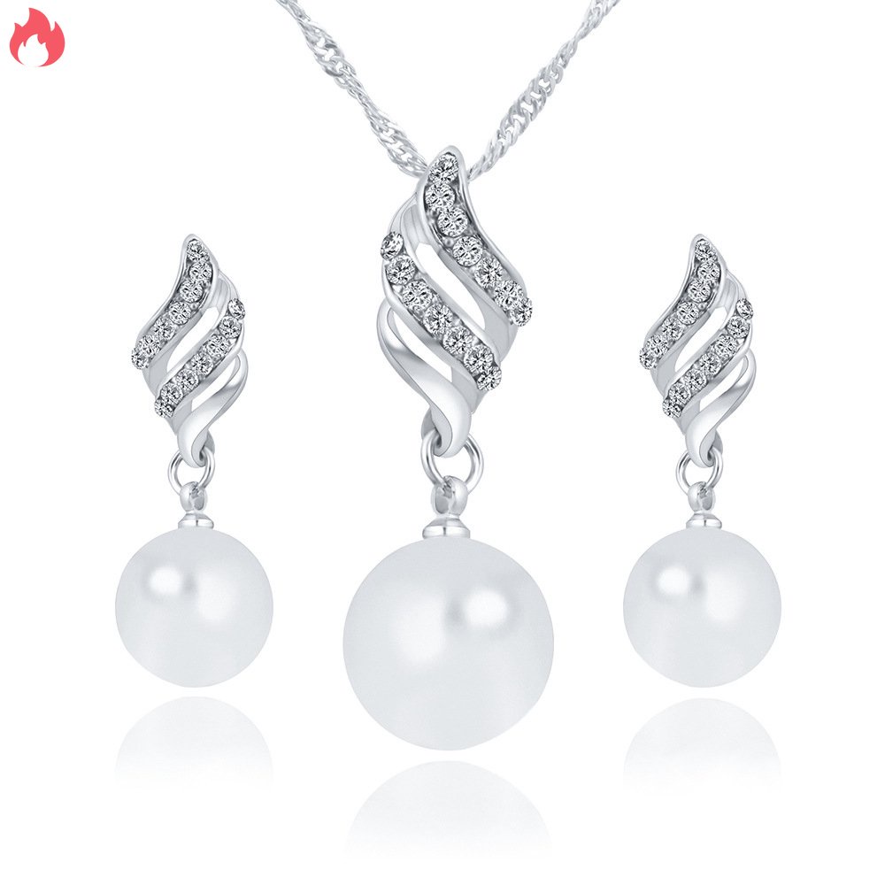 Bộ Vòng cổ + Bông Tai Đính Đá &amp; Ngọc Trai Giả Thời Trang Cho Nữ