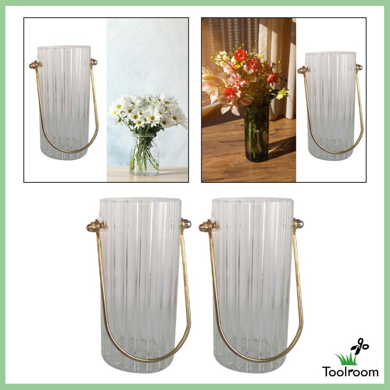 Bình Hoa Thủy Tinh Trong Suốt Hình Trụ Với Tay Cầm Kim Loại