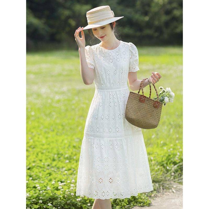 Đầm Cotton Trắng Dáng Dài Cổ Tròn Chiết Eo Phong Cách Pháp Thời Trang Mùa Hè 2023 Mới Cho Nữ