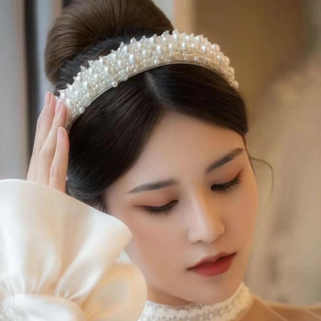 Băng Đô Cài Tóc Bản Rộng Đính Hạt Ngọc Trai Đầu Lâu Cá Tính Cao Cấp Dành Cho Nữ